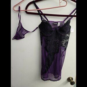 Frederick’s of Hollywood Purple & Black Lace Mesh Chemise NWT Size M